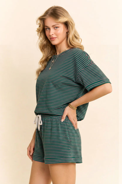 Davi & Dani OVERSIZED Striped Top and Shorts Set in Green/Pink