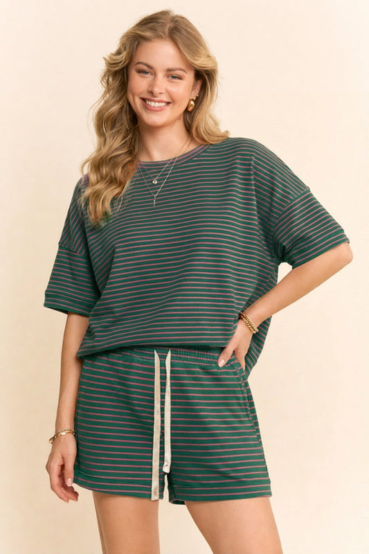 Davi & Dani OVERSIZED Striped Top and Shorts Set in Green/Pink