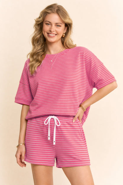 Davi & Dani OVERSIZED Striped Top and Shorts Set in Pink Yellow