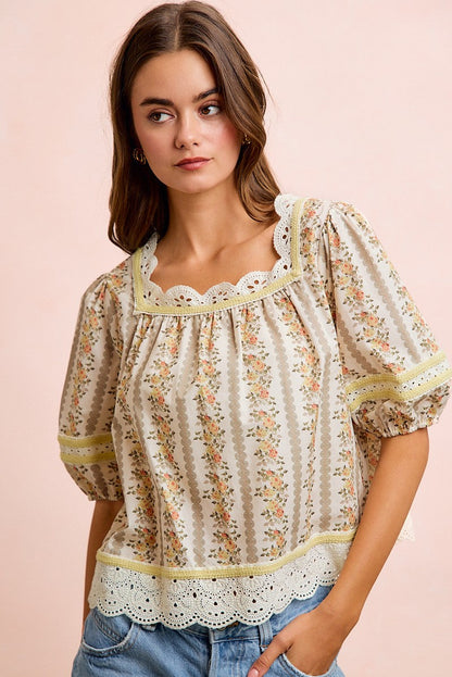 BiBi Floral Stripe Printed Lace Trim Detail Top in Cream