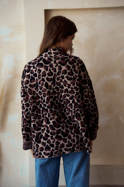 LovLov Open Front Sweater Knit Cardigan in Leopard Mocha
