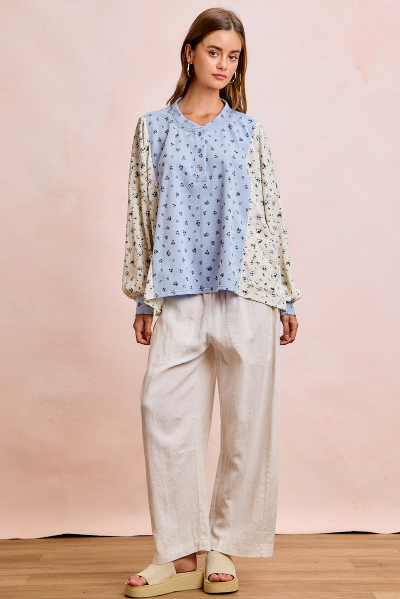 BiBi Floral Print Mix N Match Henley Top in Light Blue