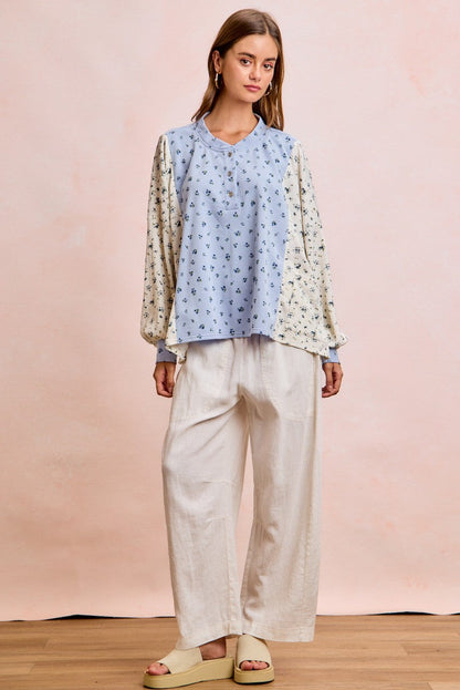 BiBi Floral Print Mix N Match Henley Top in Light Blue