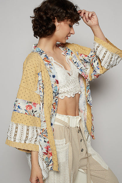 POL Distressed Square Twill Cardigan with Mixed Floral Details in Honey Gold