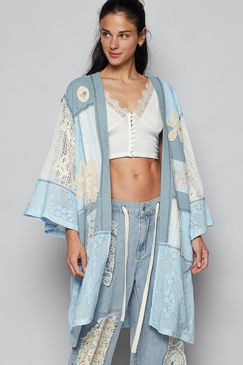 POL Open Front Mixed Cardigan with Patches in Sky Blue
