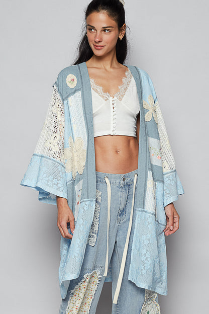 POL Open Front Mixed Cardigan with Patches in Sky Blue