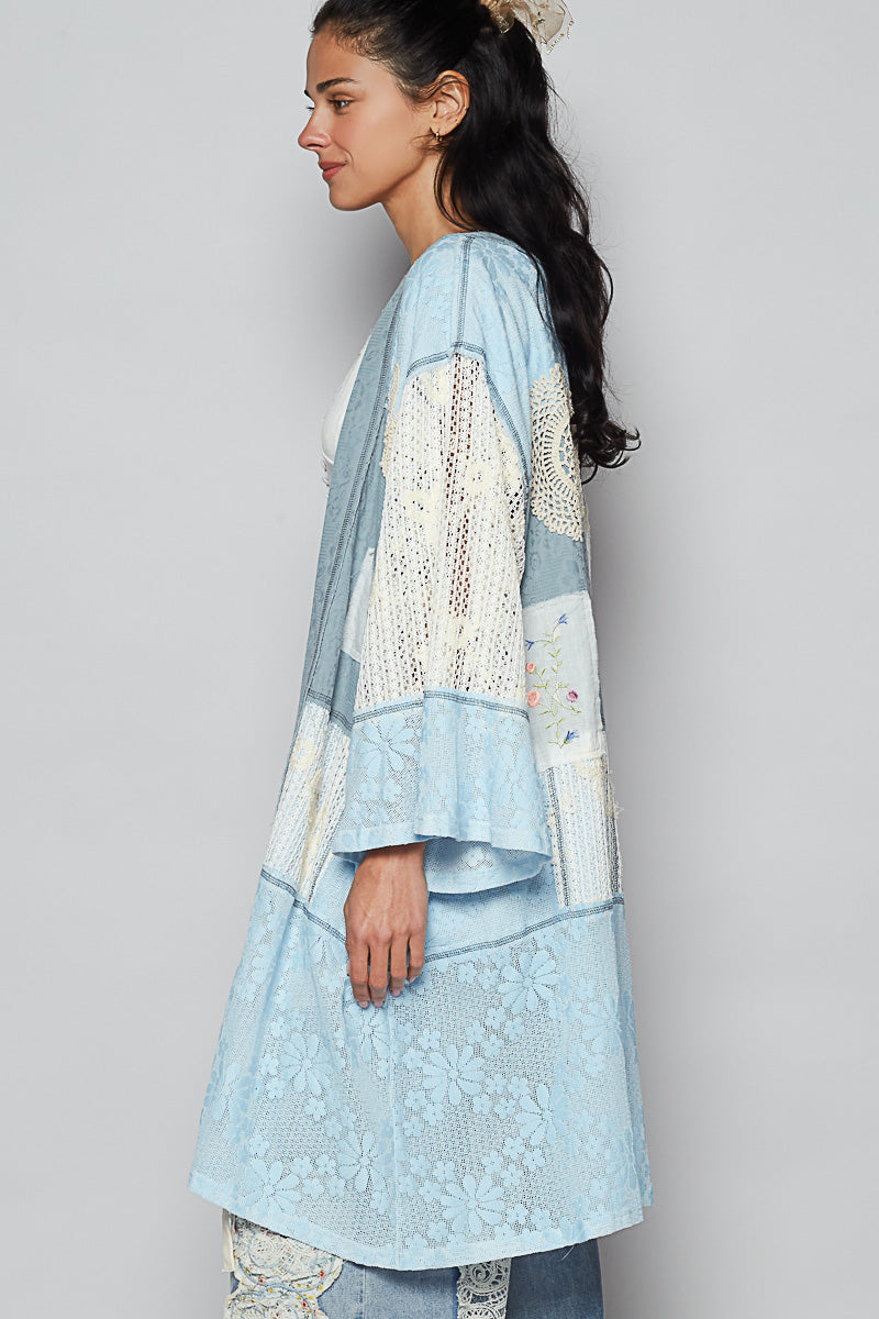 POL Open Front Mixed Cardigan with Patches in Sky Blue