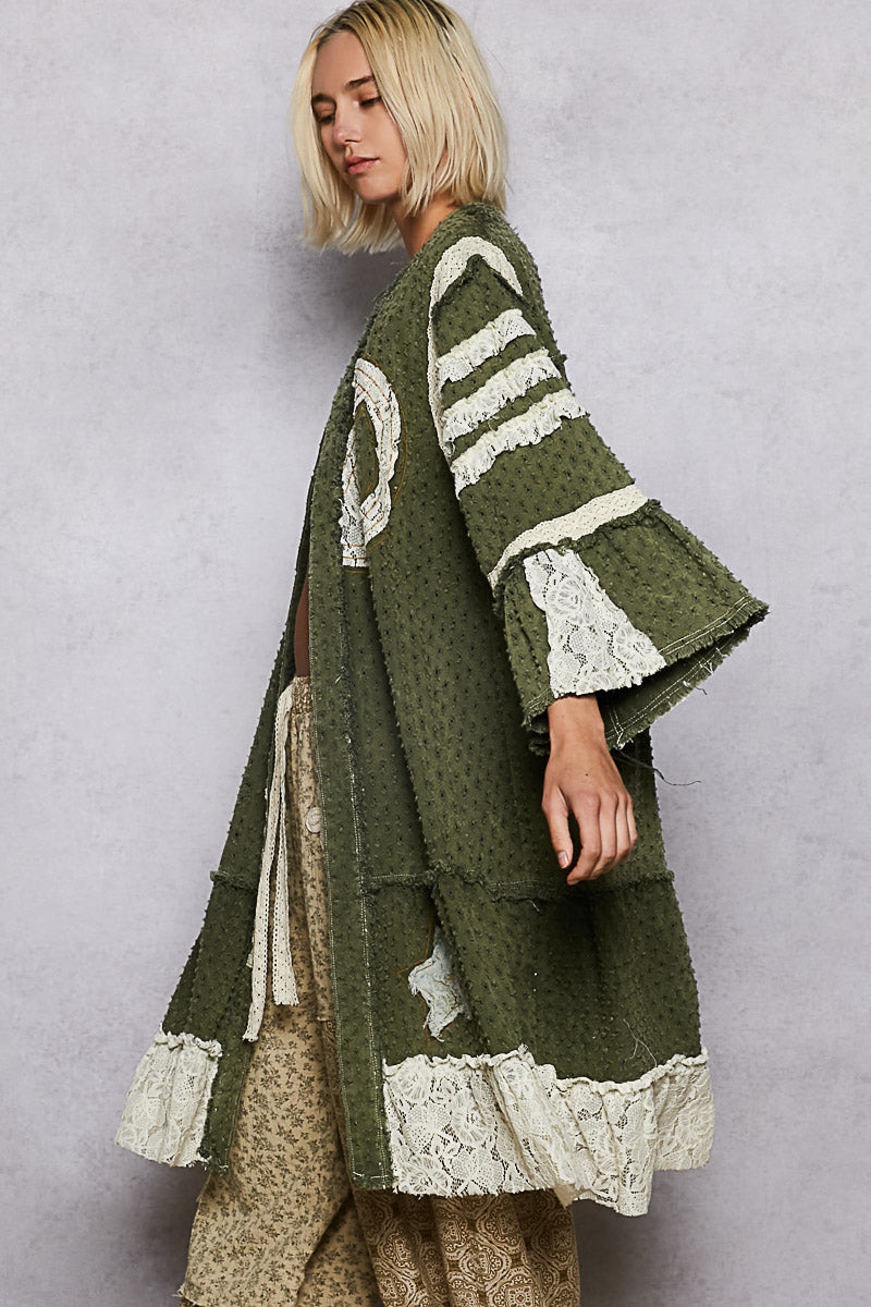 POL Distressed Twill Long Cardigan with Peace Sign Patches in Olive