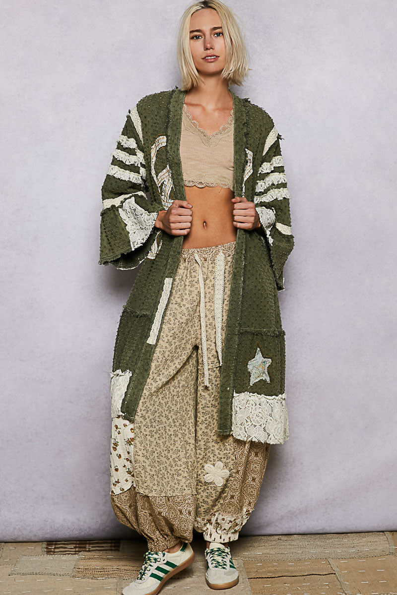 POL Distressed Twill Long Cardigan with Peace Sign Patches in Olive