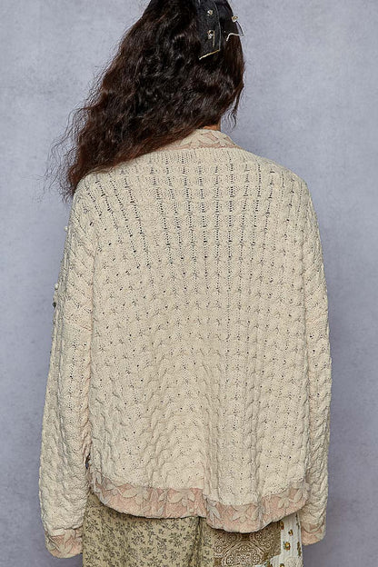 POL Chenille Knit Cardigan with Lace Pearl and Rhinestone Details in Powder Cream