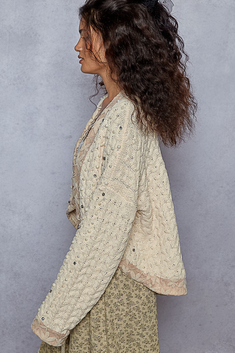 POL Chenille Knit Cardigan with Lace Pearl and Rhinestone Details in Powder Cream
