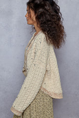 POL Chenille Knit Cardigan with Lace Pearl and Rhinestone Details in Powder Cream