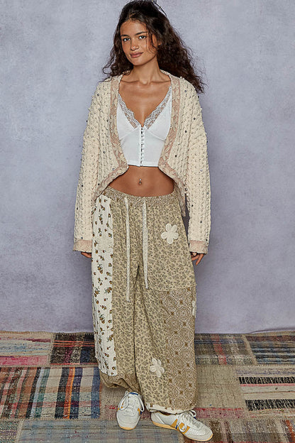 POL Chenille Knit Cardigan with Lace Pearl and Rhinestone Details in Powder Cream