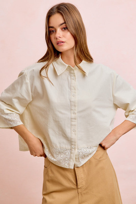 BiBi Eyelet Lace Hem Quarter Sleeve Top in Butter