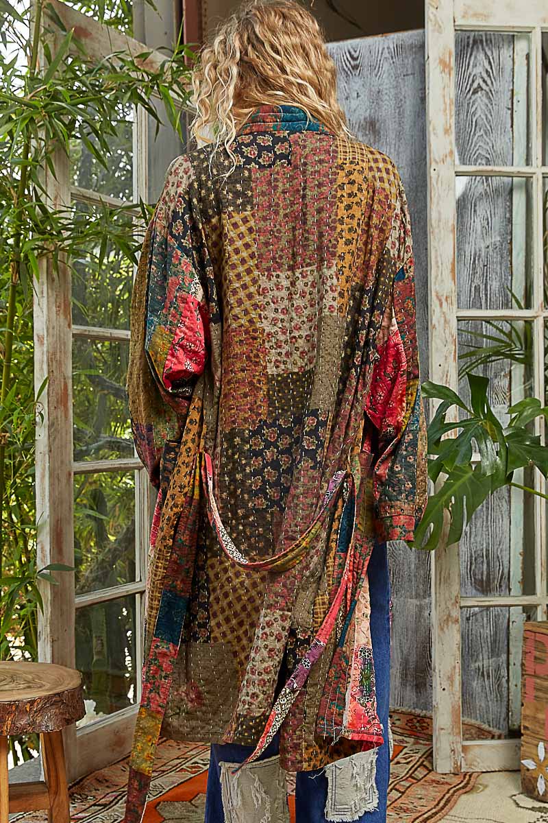 POL Mixed Print Patchwork Open Front Cardigan in Taupe Pink Multi