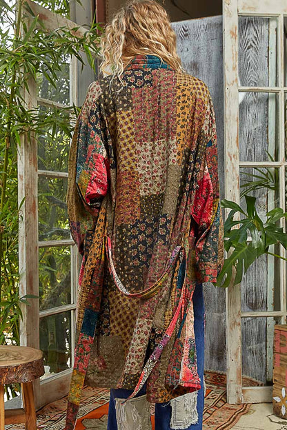 POL Mixed Print Patchwork Open Front Cardigan in Taupe Pink Multi