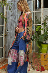 POL Mixed Print Patchwork Open Front Cardigan in Taupe Pink Multi