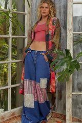 POL Mixed Print Patchwork Open Front Cardigan in Taupe Pink Multi