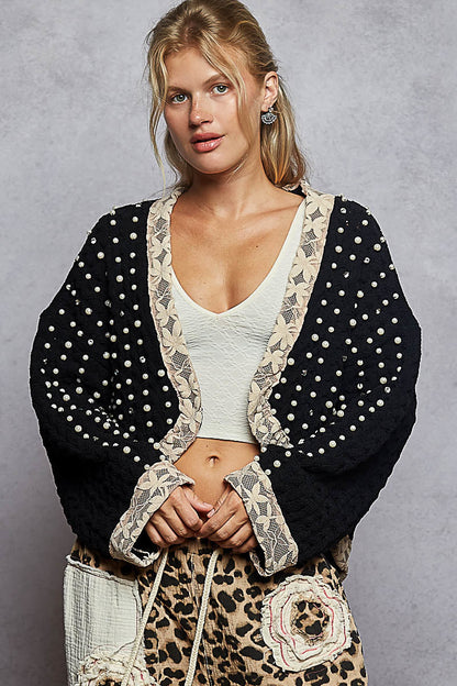 POL Chenille Knit Cardigan with Lace Pearl and Rhinestone Details in Black