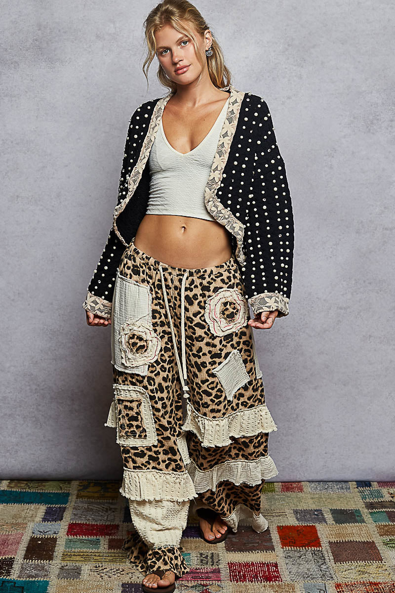 POL Chenille Knit Cardigan with Lace Pearl and Rhinestone Details in Black