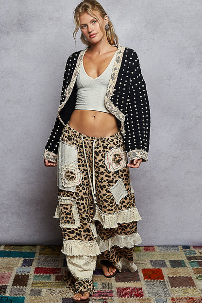 POL Chenille Knit Cardigan with Lace Pearl and Rhinestone Details in Black