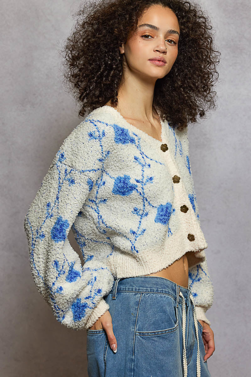 POL Berber Cardigan with a Diamond Floral Print in Cream/Blue