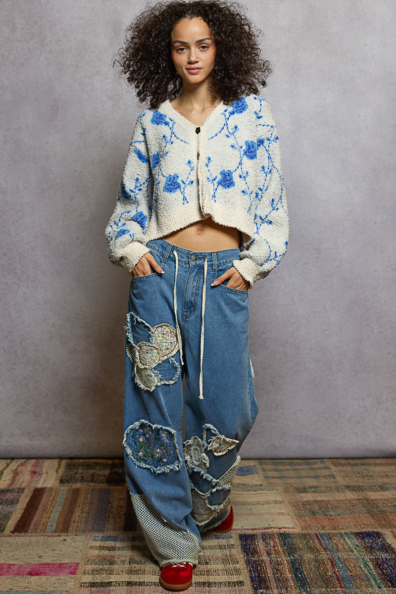 POL Berber Cardigan with a Diamond Floral Print in Cream/Blue