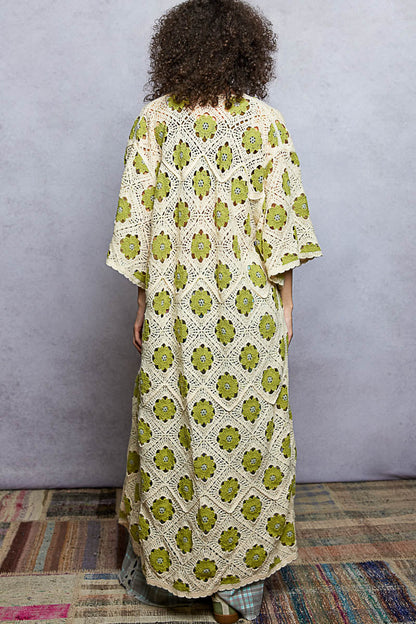 POL Open Front Floral Crochet Maxi Cardigan in Natural/Olive