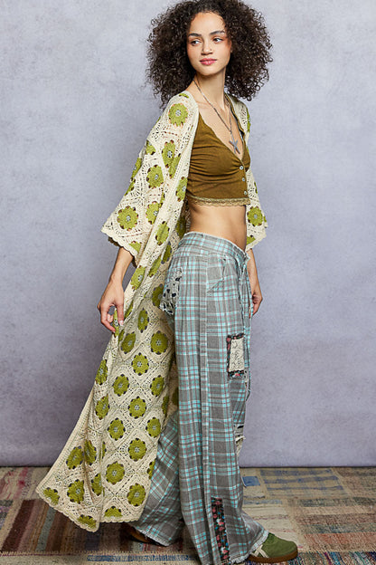 POL Open Front Floral Crochet Maxi Cardigan in Natural/Olive