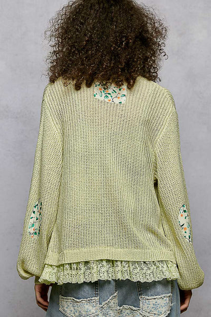 POL Floral Accent V-Neck Knit Cardigan in Light Green