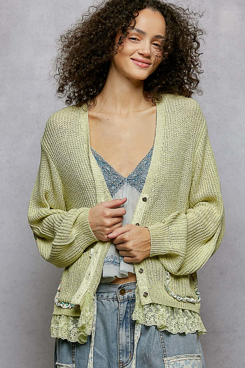 POL Floral Accent V-Neck Knit Cardigan in Light Green