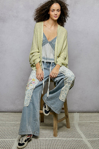 POL Floral Accent V-Neck Knit Cardigan in Light Green