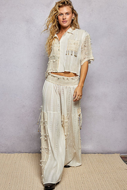 POL Mixed Fabric and Textured Pants in Natural