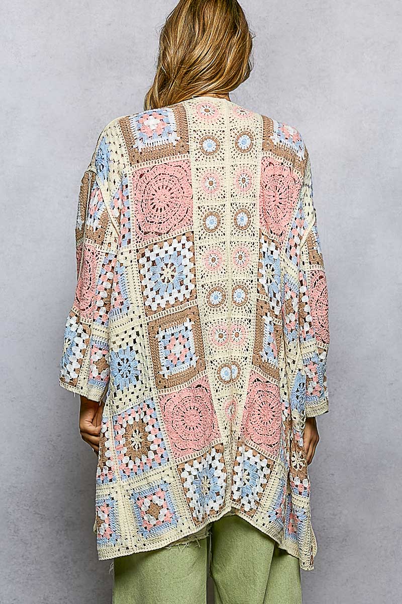POL Open Front Crochet Granny Square Cardigan in Pink Multi