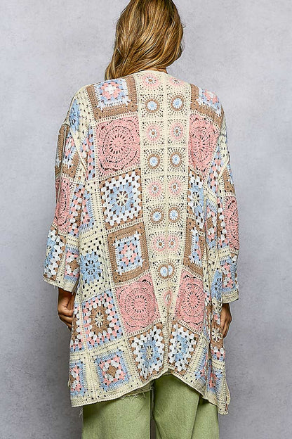 POL Open Front Crochet Granny Square Cardigan in Pink Multi