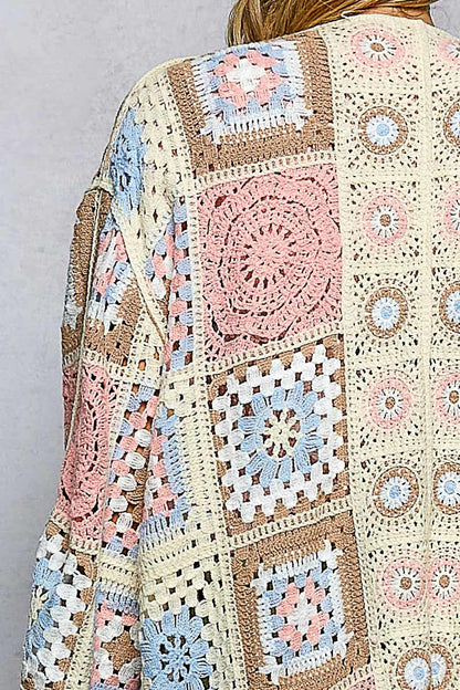POL Open Front Crochet Granny Square Cardigan in Pink Multi
