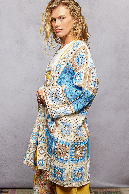 POL Open Front Crochet Granny Square Cardigan in Blue Multi