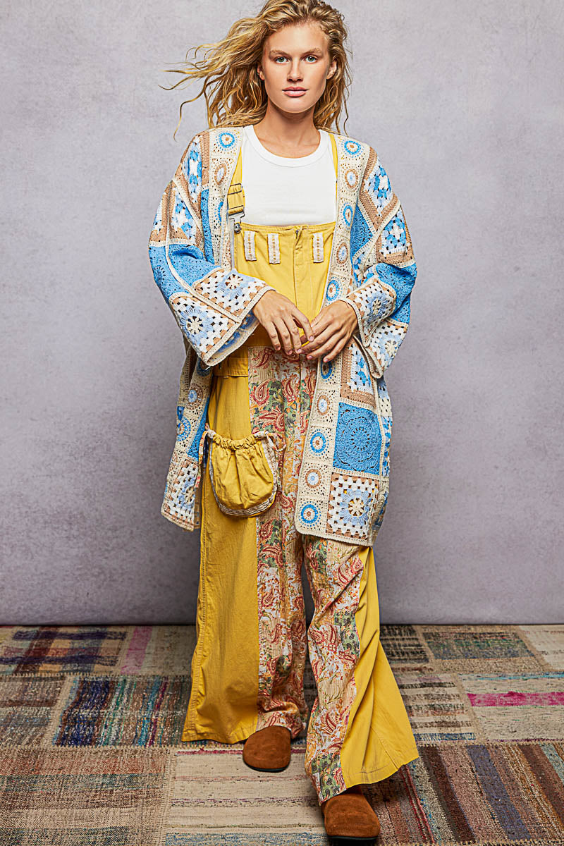 POL Open Front Crochet Granny Square Cardigan in Blue Multi