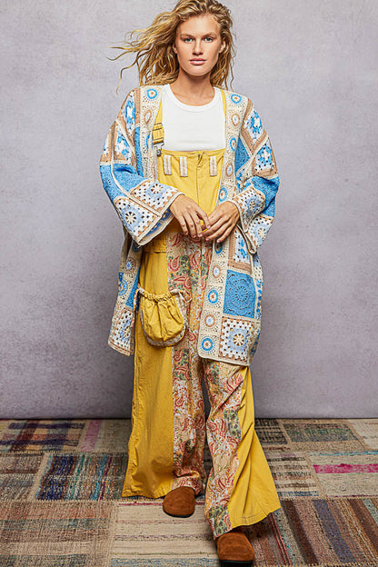 POL Open Front Crochet Granny Square Cardigan in Blue Multi