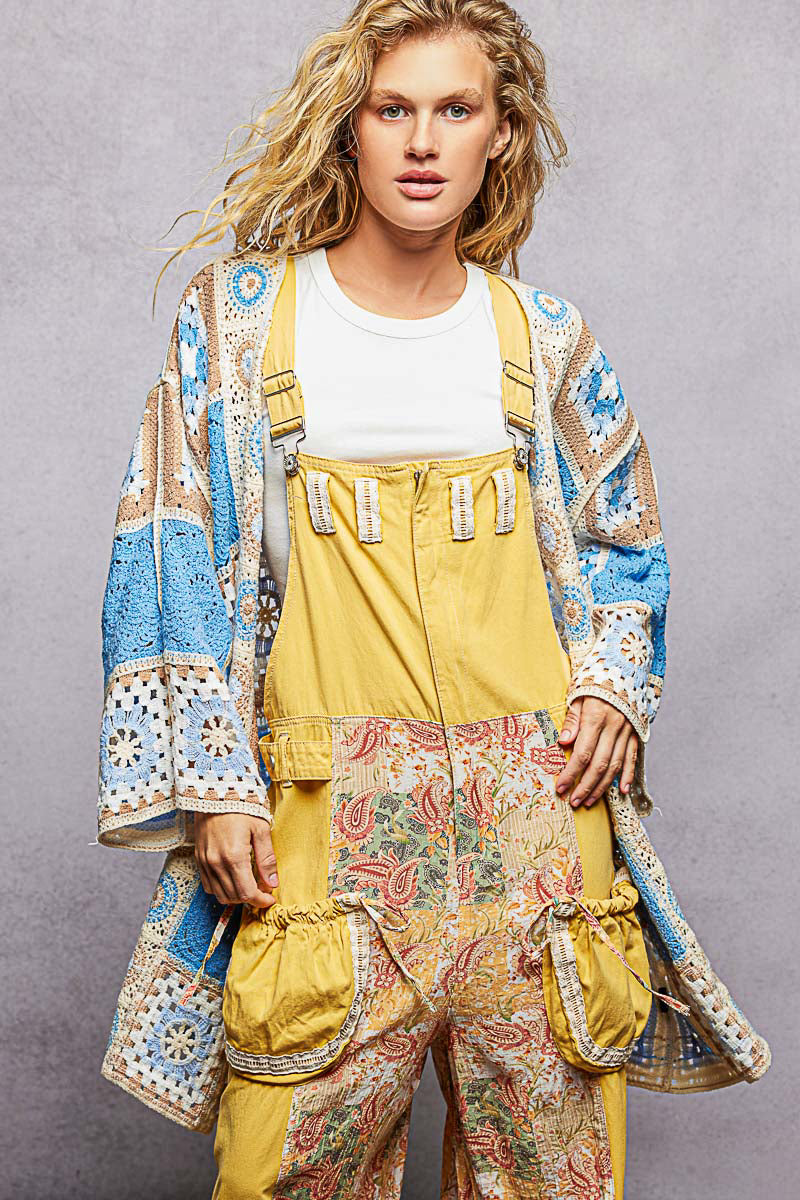 POL Open Front Crochet Granny Square Cardigan in Blue Multi