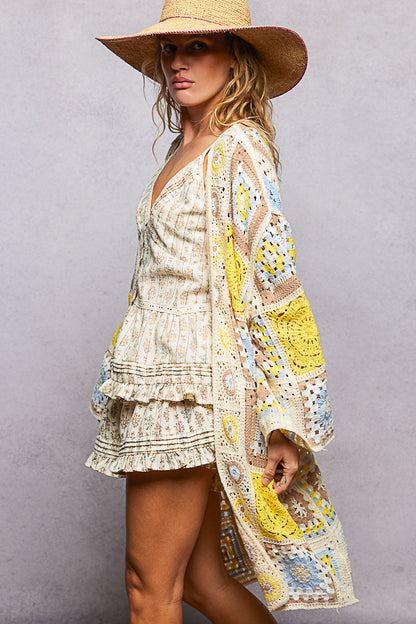 POL Open Front Crochet Granny Square Cardigan in Yellow Multi