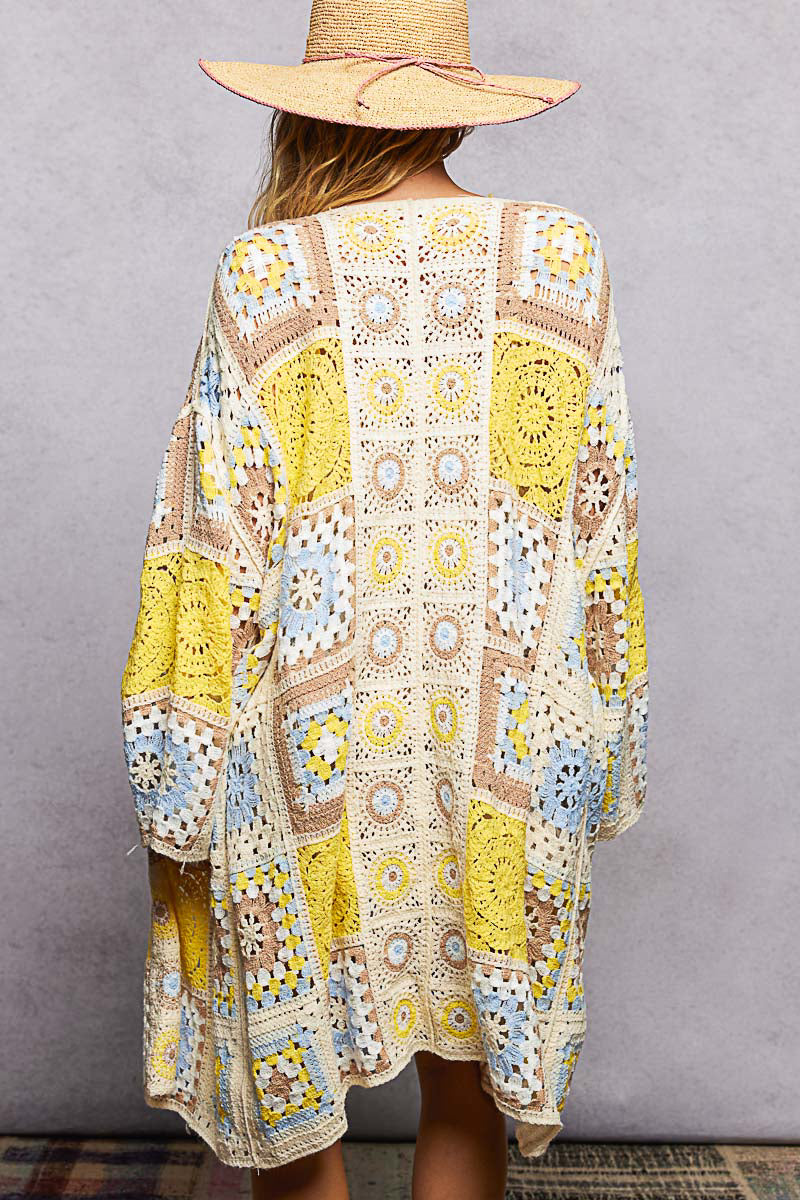 POL Open Front Crochet Granny Square Cardigan in Yellow Multi