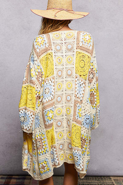 POL Open Front Crochet Granny Square Cardigan in Yellow Multi