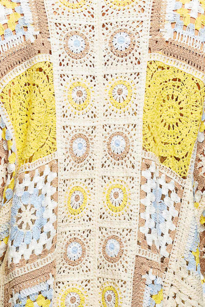 POL Open Front Crochet Granny Square Cardigan in Yellow Multi