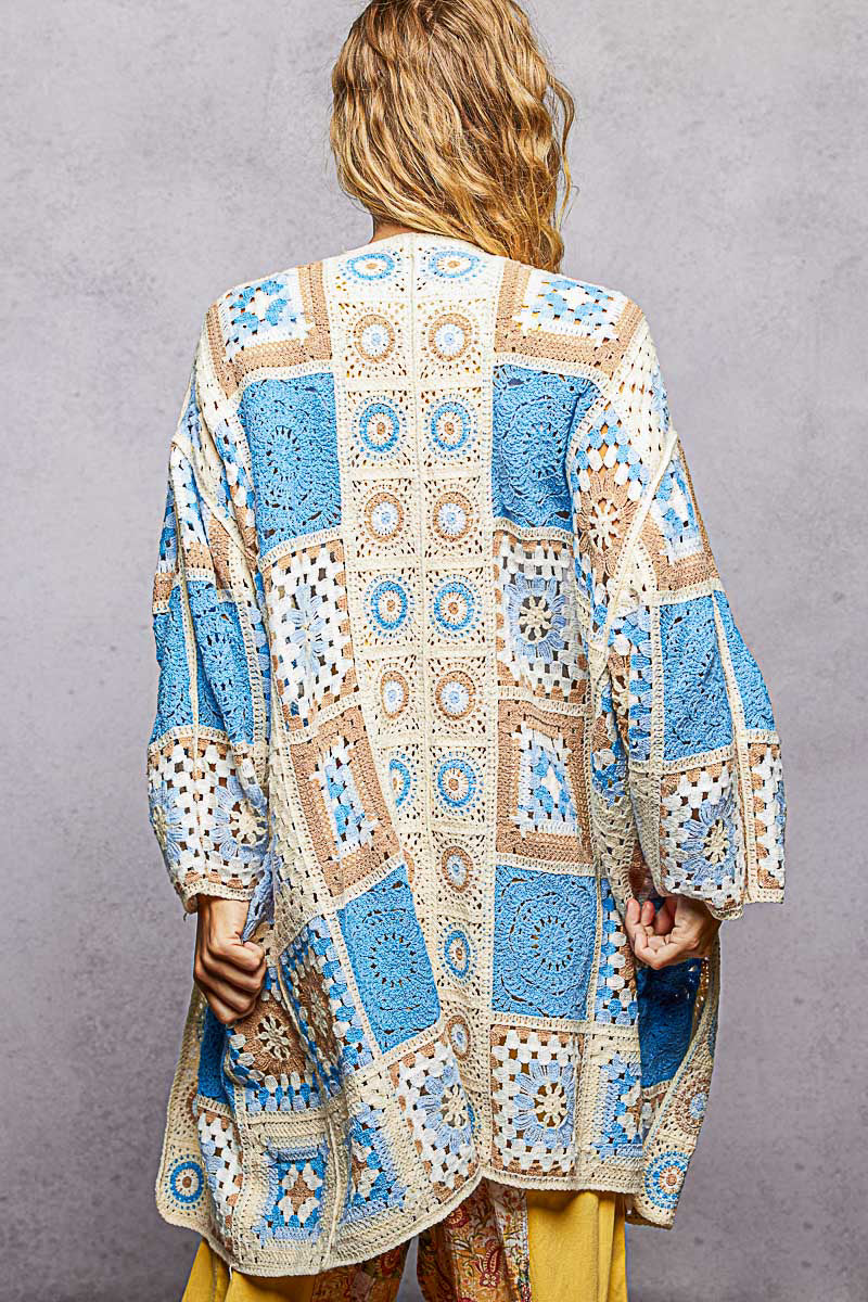 POL Open Front Crochet Granny Square Cardigan in Blue Multi