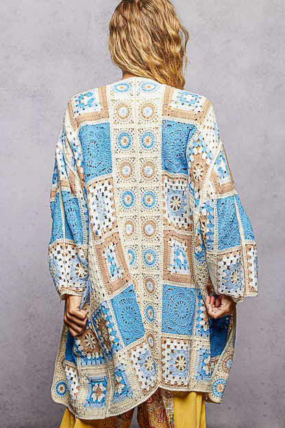 POL Open Front Crochet Granny Square Cardigan in Blue Multi