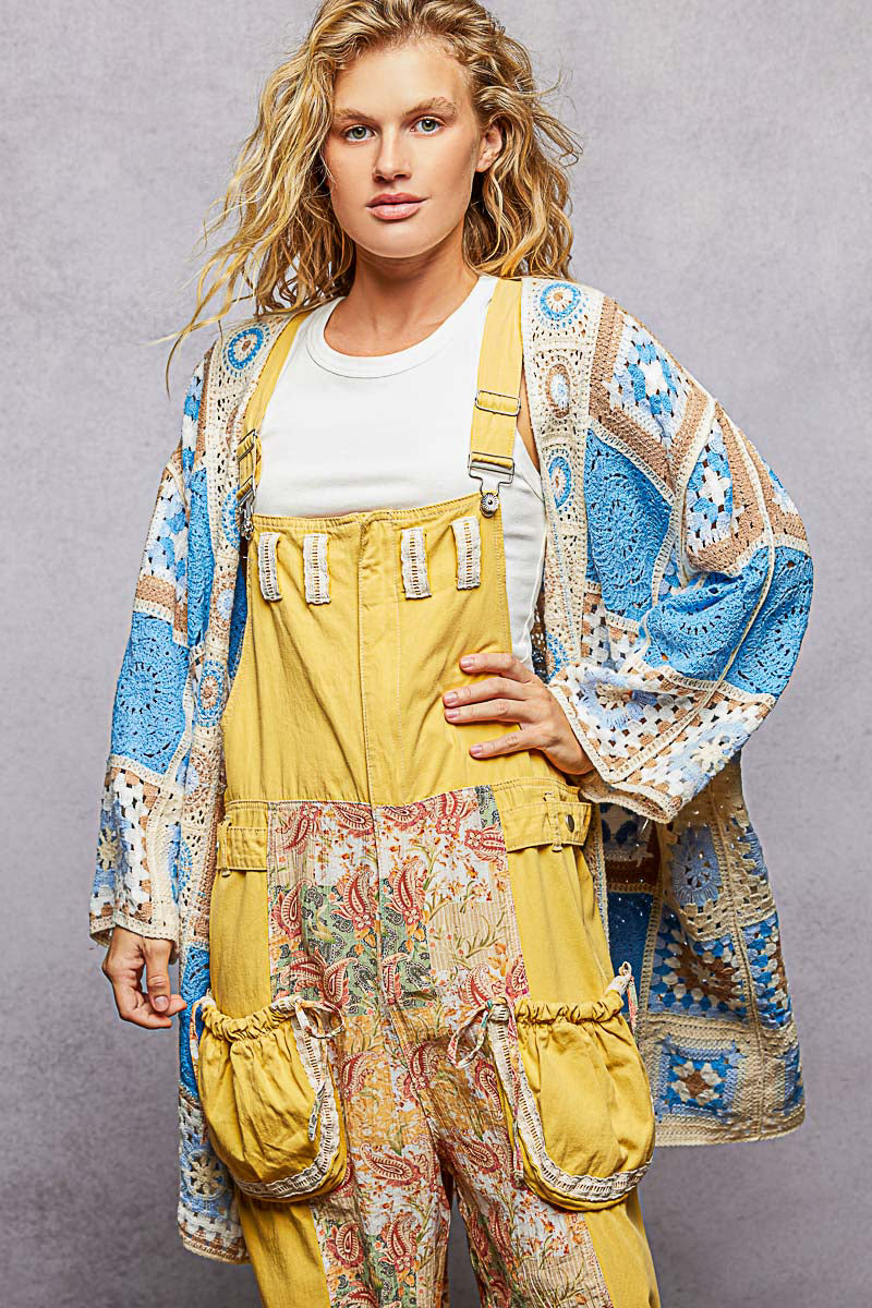 POL Open Front Crochet Granny Square Cardigan in Blue Multi
