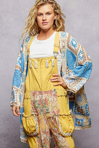 POL Open Front Crochet Granny Square Cardigan in Blue Multi