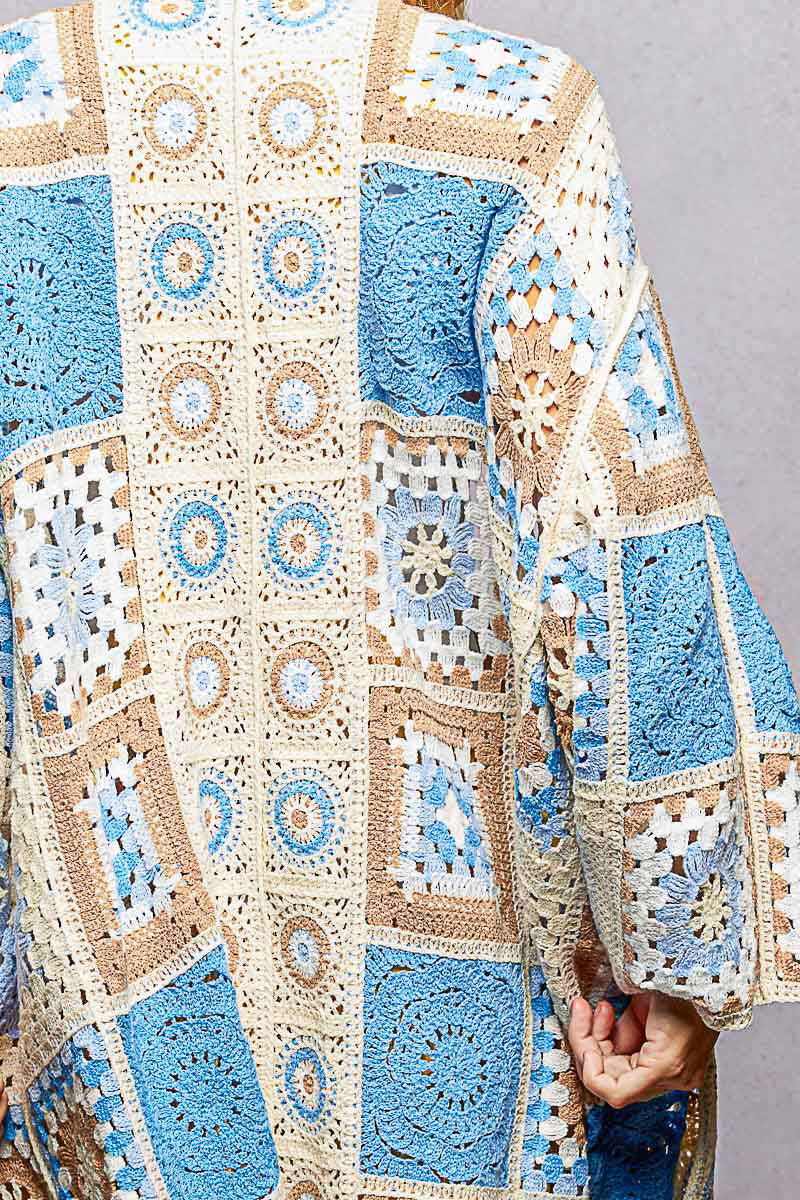 POL Open Front Crochet Granny Square Cardigan in Blue Multi