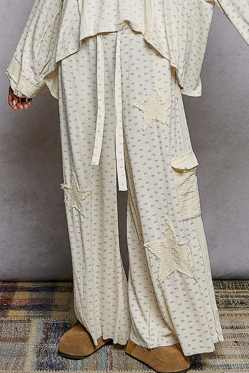 POL Floral Gauze Patch Pants in Cream